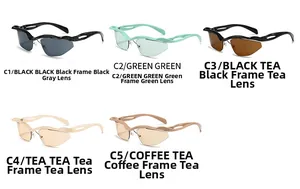 Vue détaillée de lunettes de soleil Y2K sans monture aux formes ondulées et colorées