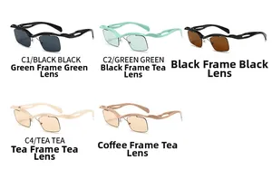 Detailed grid of five rimless wavy square sunglasses in black, green, and tea tones