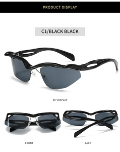 Vue détaillée multi-angles de lunettes de soleil noires avant-gardistes Y2K avec montures ondulées