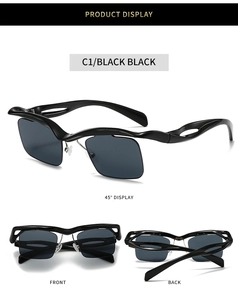 Fashionable rimless square sunglasses with unique wavy cut-out temples in black finish