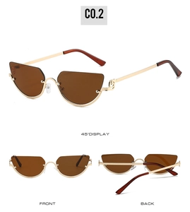 Three-angle views of metal cat eye sunglasses with gold frames and dark brown lenses