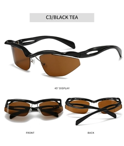 Trois vues de lunettes de soleil C3 punk sans monture Y2K au design de verres ondulés