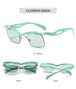 Detail view of stylish square rimless green sunglasses from front and back angles