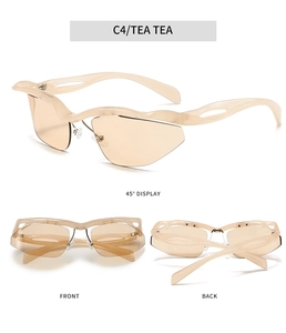 Vue sous trois angles de lunettes de soleil Y2K marron thé sans monture au style futuriste