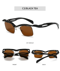 Detail view of rimless square sunglasses with wave-edge tea lenses and hollowed-out temples
