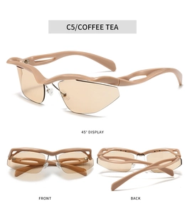 Vues avant et arrière de lunettes de soleil ondulées sans monture en thé café glacé