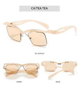 Multiple views of rimless tea lenses sunglasses with wavy temple arm design