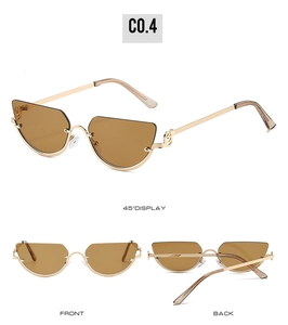 Three-angle view of gold metal cat-eye sunglasses with gradient brown lenses