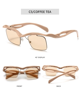 Detailed views of coffee tea rimless sunglasses with unique wavy frames and hollow temples