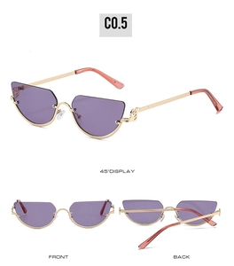 Detailed views of gold metal cat-eye sunglasses with purple lenses from three angles
