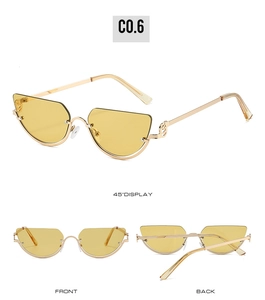 Three-angle view of retro metal cat eye sunglasses with yellow lenses and gold frame