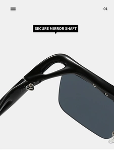 Macro shot of secure metal mirror shaft and reinforced hinge on square rimless sunglasses