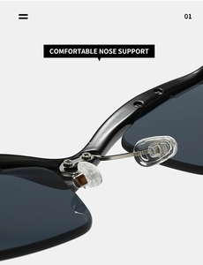 Detail of comfortable silicone nose pads and sturdy metal hinges on rimless sunglasses