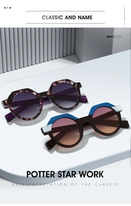 Detailansicht retro-ovaler Sonnenbrillen mit lila Marmorierung und blau-weißem Farblock-Design