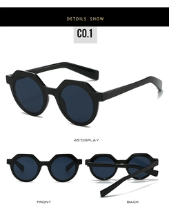 Detailansicht der Vintage-Oval-Sonnenbrille mit schwarzem Rahmen und blauen Gläsern