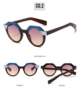 Mehrwinkelansicht einer runden Retro-Sonnenbrille mit blau-silbernen geometrischen Details