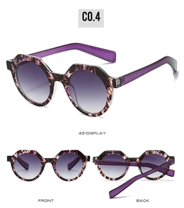 Detaillierte Mehrwinkelansicht der Retro-Oval-Sonnenbrille mit lila Schildpatt-Textur-Rahmen