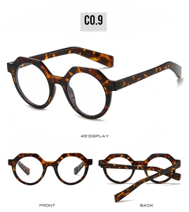 Drei-Winkel-Ansicht der Retro-Schildpatt-Sonnenbrille mit geometrischen Ovalrahmen