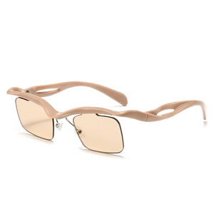 Fashionable rimless square sunglasses with pink wavy frames and brown lenses