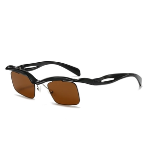 Fashionable rimless square sunglasses with wave frames and dark brown lenses in side view