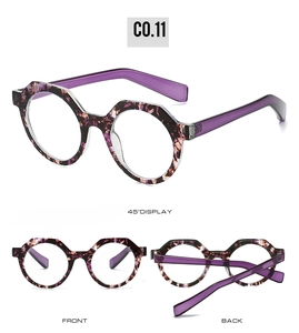 Drei-Wege-Ansicht der Retro-Oval-Sonnenbrille in lila Schildpatt mit transparenten Bügeln