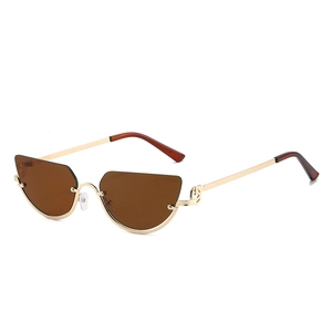Retro cat-eye metal sunglasses with brown lenses and minimalist gold frame design