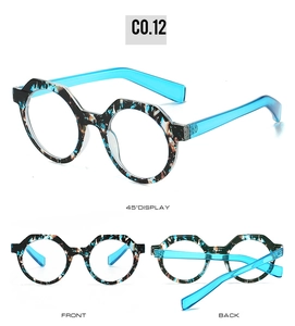 Detailansicht der geometrischen ovalen Sonnenbrille mit blau-braun strukturiertem Rahmen