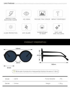 Detailed size specifications and UV400 features for round frame fashion sunglasses