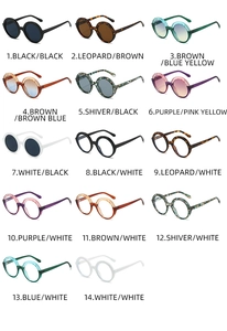 Detailed catalog showing 14 color options of retro round frame UV400 sunglasses
