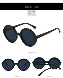 Three perspectives showing the round black frame and UV protection lenses of the sunglasses
