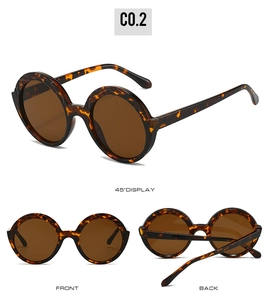 Three-way view of tortoise round sunglasses with brown lenses showing front and back