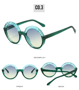 Three-angle view of green translucent round sunglasses with blue-yellow gradient lenses