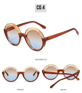 Detailed multi-angle view of round amber gradient sunglasses with textured frames
