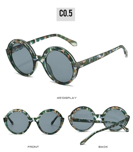 Detailed multi-angle views of round sunglasses with colorful marble texture frames