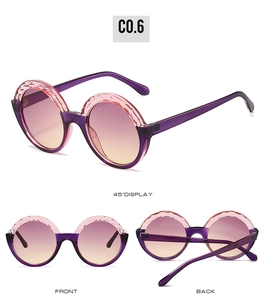 Multi-angle view of round purple sunglasses with pink crystal texture and gradient lenses
