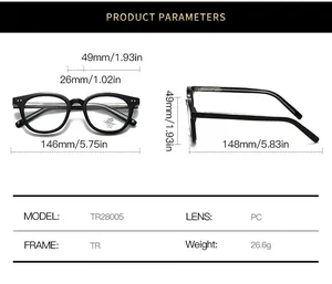 Size chart and technical specifications for oval black TR frame anti-blue light glasses