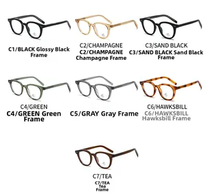 Grid view of seven retro round eyeglass frames in various colors with metal rivet detail