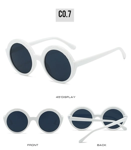 Three views of white round sunglasses showing front, back, and 45-degree angle display