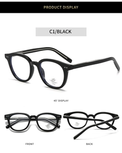 Detail view of oval black anti-blue light glasses showing multiple angles and UV400 lens