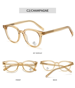 Detailed views of champagne oval glasses frame with anti-blue light and UV400 lenses