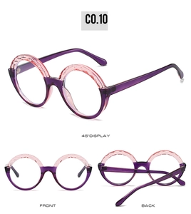 Detailed views of round two-tone sunglasses with purple frames and diamond texture