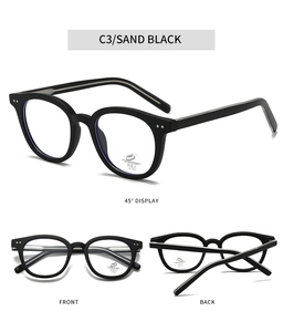 Detailed front and side views of sand black oval frames with anti-blue light lens stickers