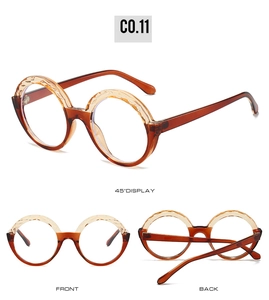 Three views of retro round sunglasses with brown transparent frames and wave detail