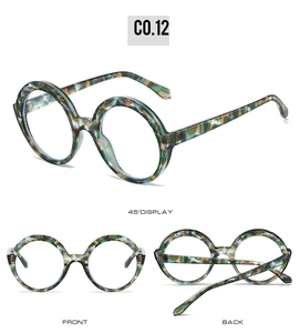 Three-view display of vintage round marble pattern sunglasses with UV protection features