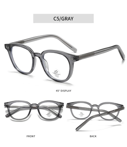 Three views of gray translucent round anti-blue light glasses with UV400 protection