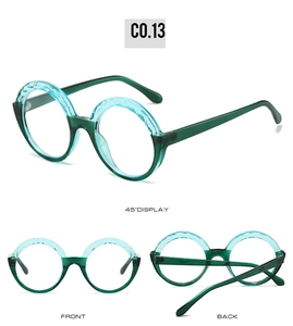 Detailed multi-angle views of round sunglasses with blue and green color-block frames