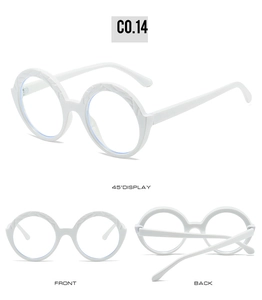Three-way view of white round sunglasses with distinctive woven lattice frame texture