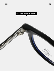 Macro view of secure metal hinge and anti-blue light lens on oval eyeglass frames