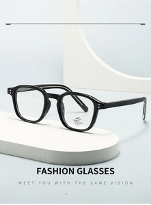 Detailed view of square TR90 black frame glasses with anti-blue light clear lenses