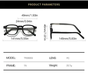 Detailed size chart for TR90 blue light blocking glasses with frame dimensions and specs